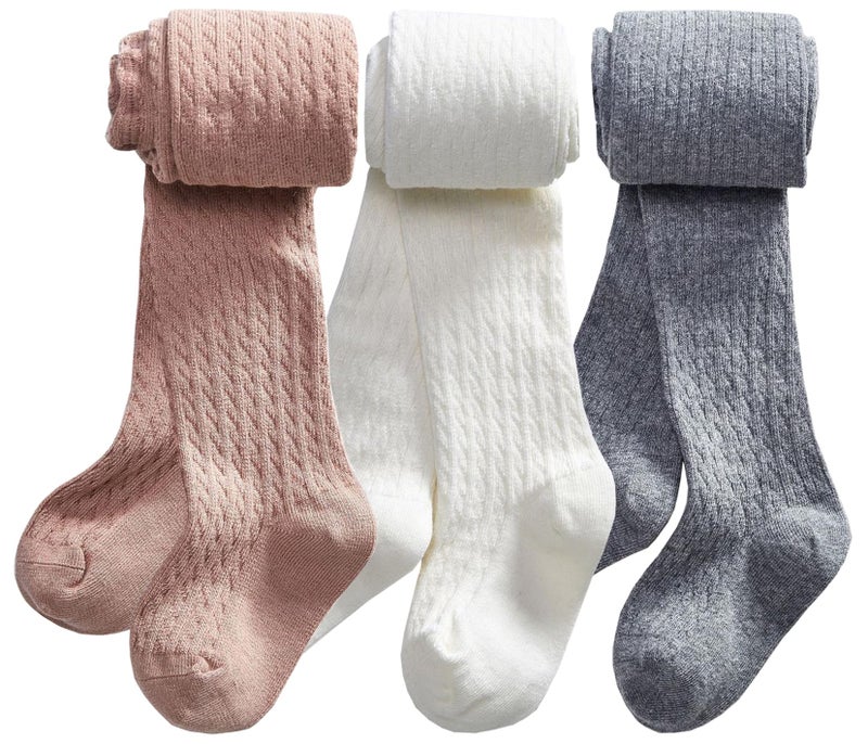 CHUNG Toddlers Little Girls Autumn Winter Cotton Footed Tights Stretchy Soft School Leggings Stockings, 7-8Y, PnkWtGray - Image 1